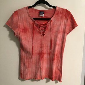 Ikeda Red Acid Wash V neck t shirt with ribbon tie